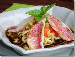 rouget tagliatelles légumes bouillon wasabi